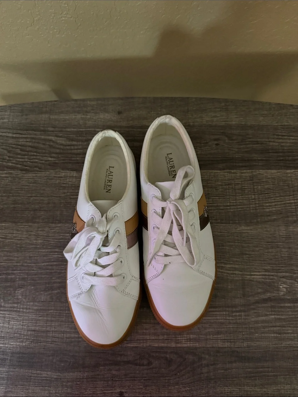 Lauren Ralph Lauren White Leather Sneakers with Brown & Black Accent Stripes